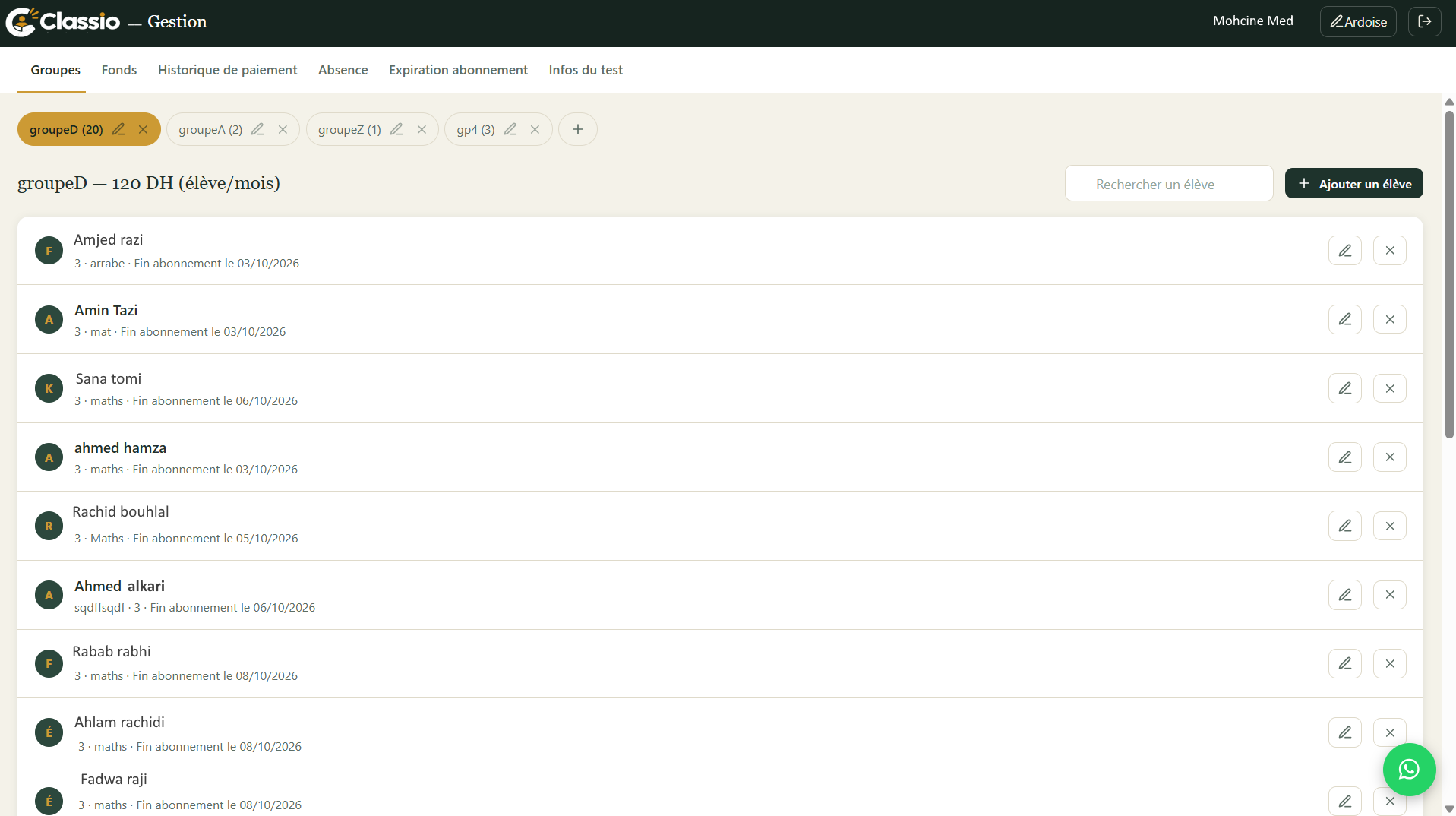 Interface gestion Classio