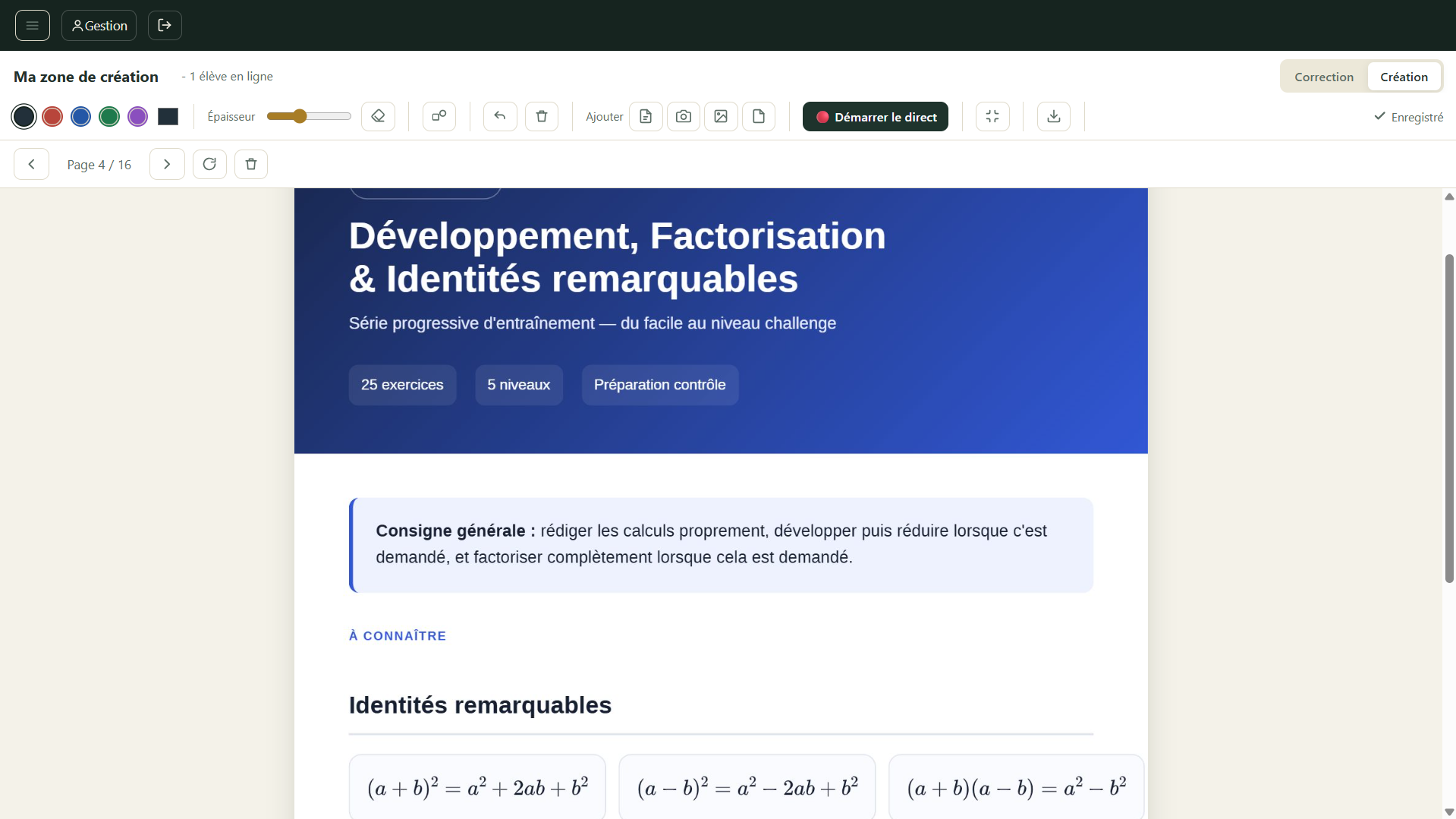 Interface professeur Classio — création et direct